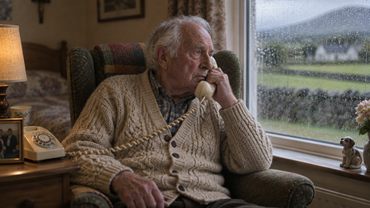 An older man holding the telephone by a rainy window