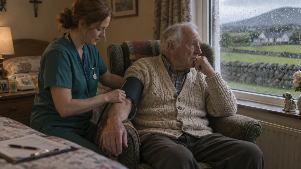 A nurse checking blood pressure while an older man looks out the window