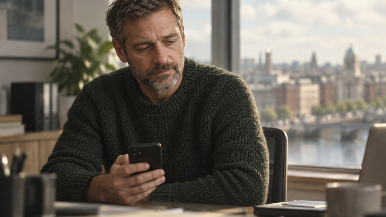 A son reading a daily update about his father on his phone