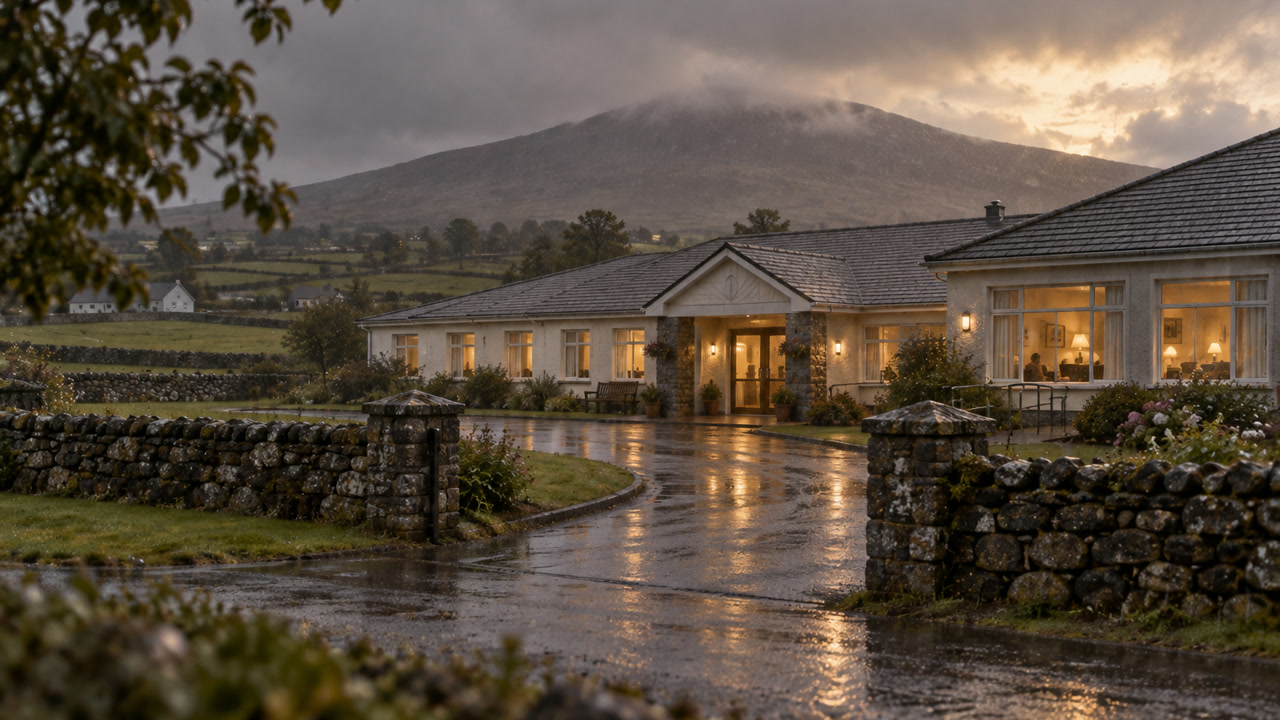 Warm lights in the windows of a home at dusk