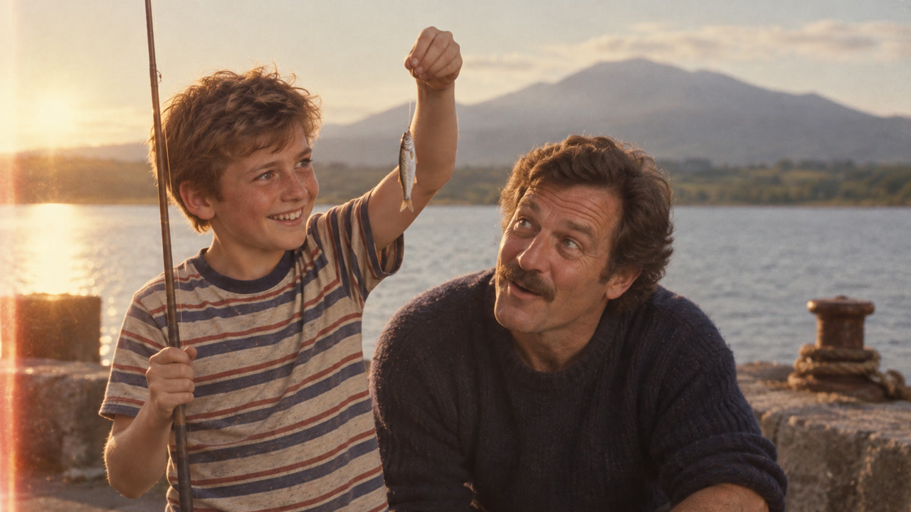 Father and son fishing together on a stone pier
