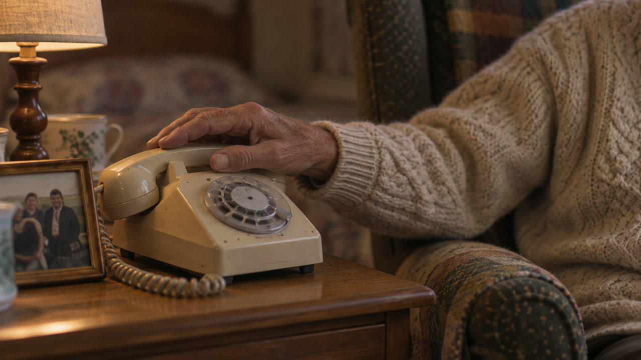 An older hand resting on a cream rotary telephone